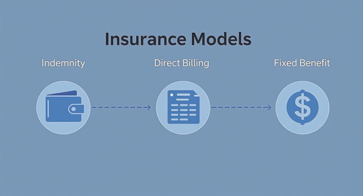 A diagram illustrating three insurance models: Indemnity (wallet), Direct Billing (document), and Fixed Benefit (dollar sign).