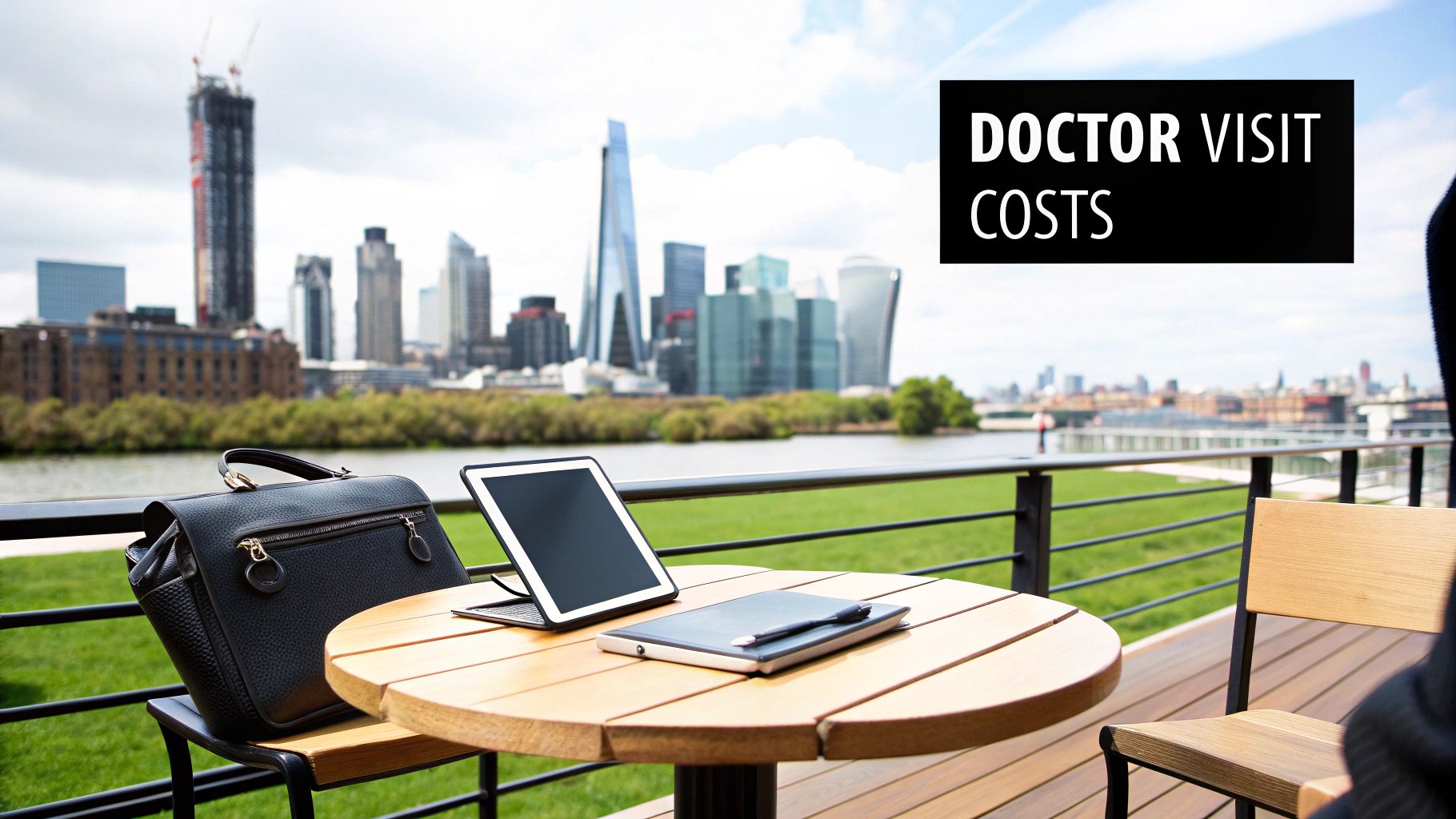 Outdoor office scene with a tablet, notebook, and bag on a table, overlooking a city skyline. Text reads 'DOCTOR VISIT COSTS'.