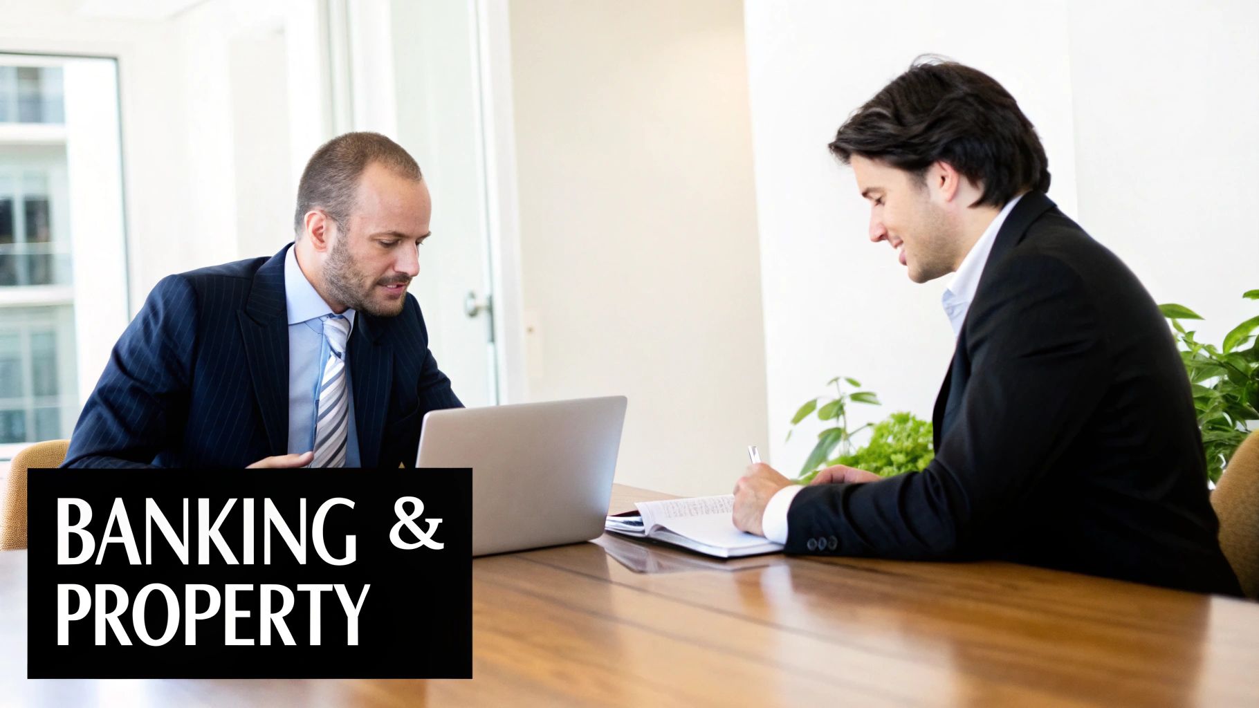 Two businessmen reviewing documents and a laptop, with "BANKING & PROPERTY" overlay.