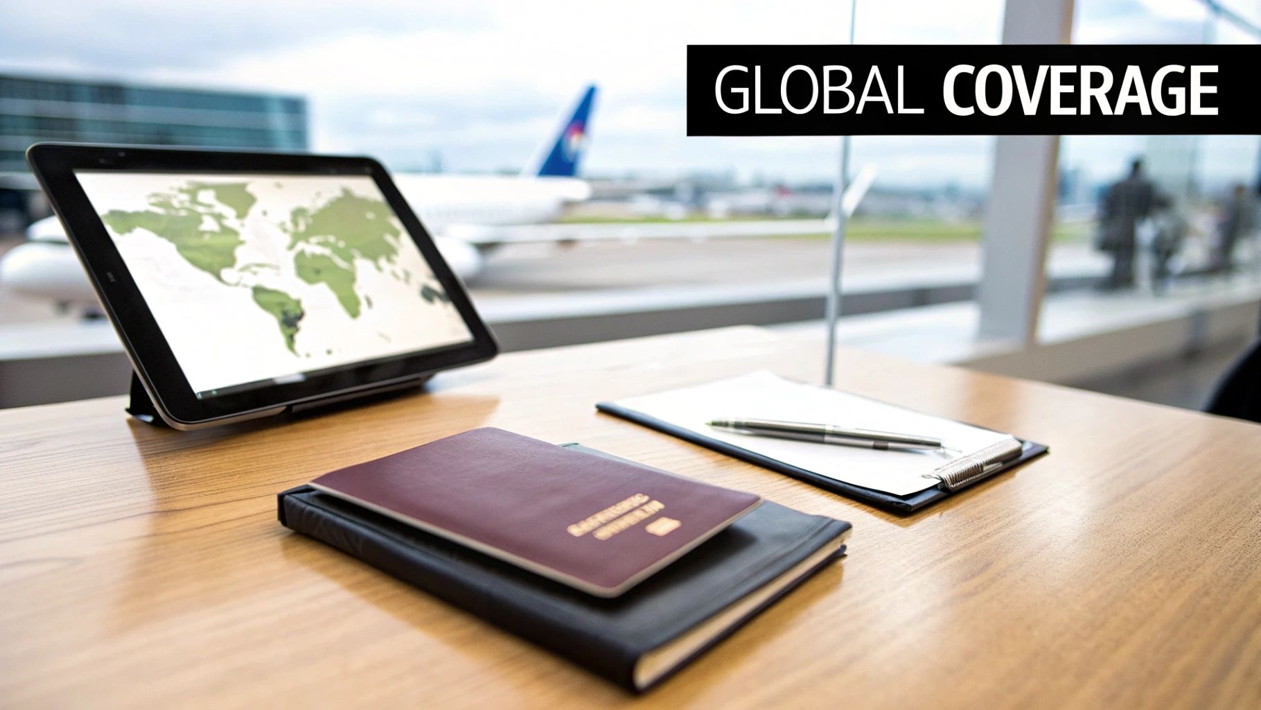 Tablet displaying world map with passport and documents at airport showing global travel insurance coverage