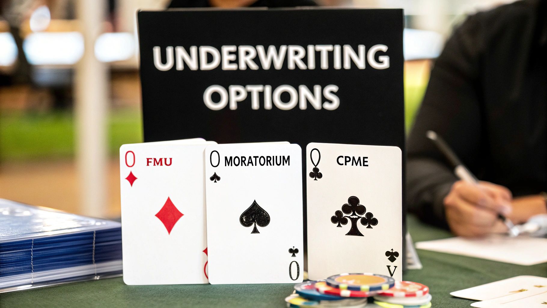 Playing cards depicting underwriting options like FMU, Moratorium, and CPME with poker chips.