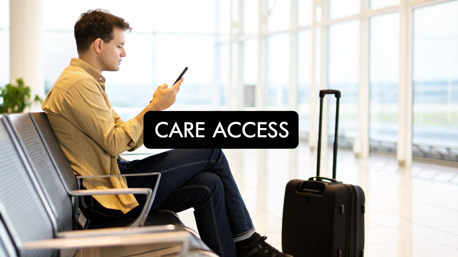 A man sits on an airport bench, checking his phone with luggage nearby, text overlay says CARE ACCESS.