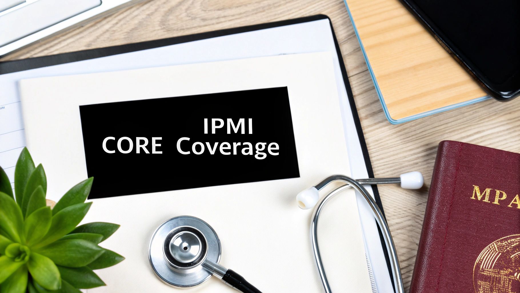 Overhead shot of a desk with "IPMI CORE Coverage" text, a stethoscope, and medical essentials, signifying global health insurance.