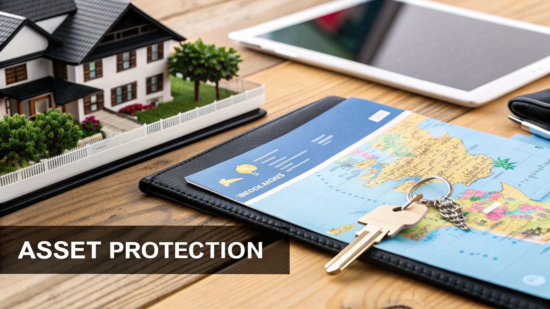 A miniature house model, a passport with a map, and house keys are arranged on a wooden table, symbolizing asset protection.