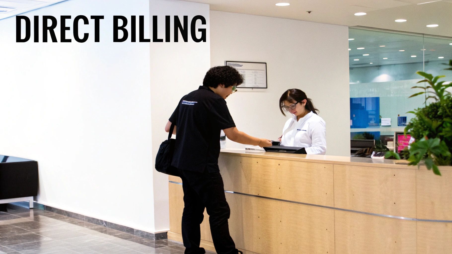 A man in a black shirt interacts with a female receptionist at a counter under a "DIRECT BILLING" sign.