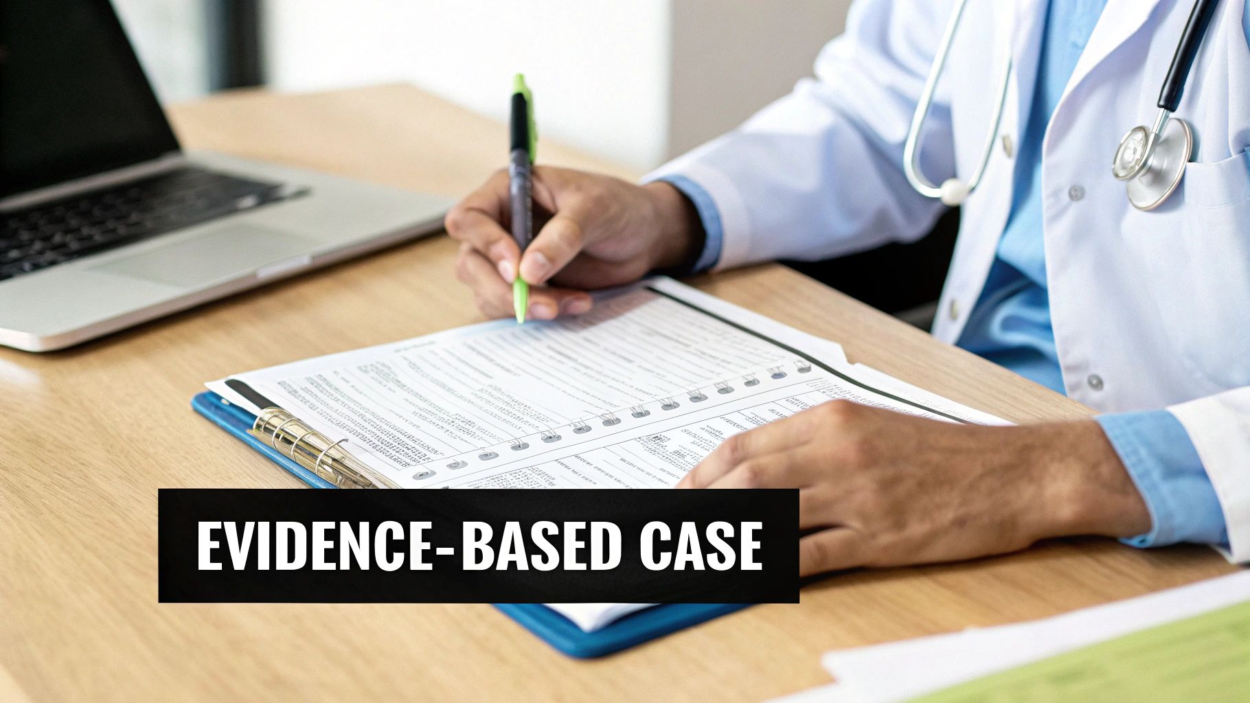 Healthcare professional reviewing evidence-based medical documentation with stethoscope on desk