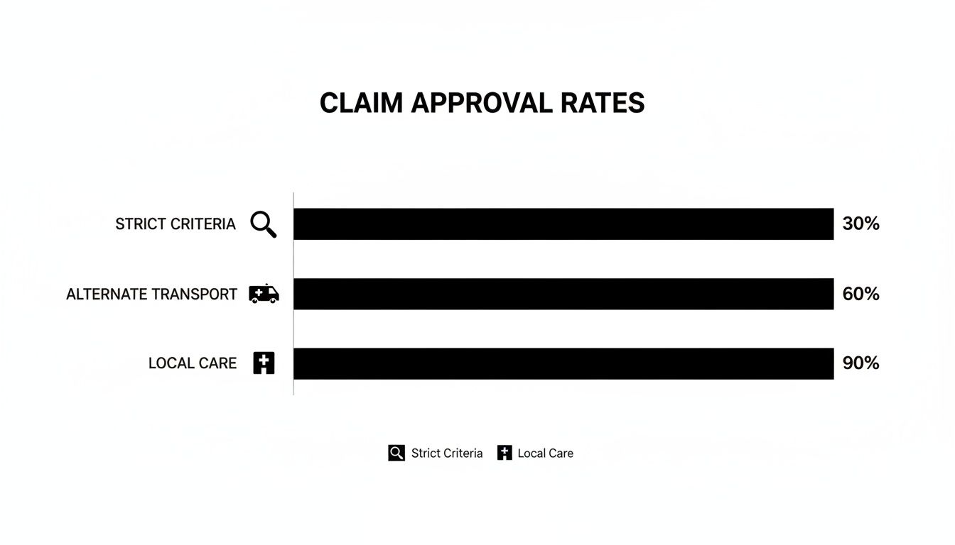 Bar chart displaying claim approval rates for strict criteria, alternate transport, and local care.
