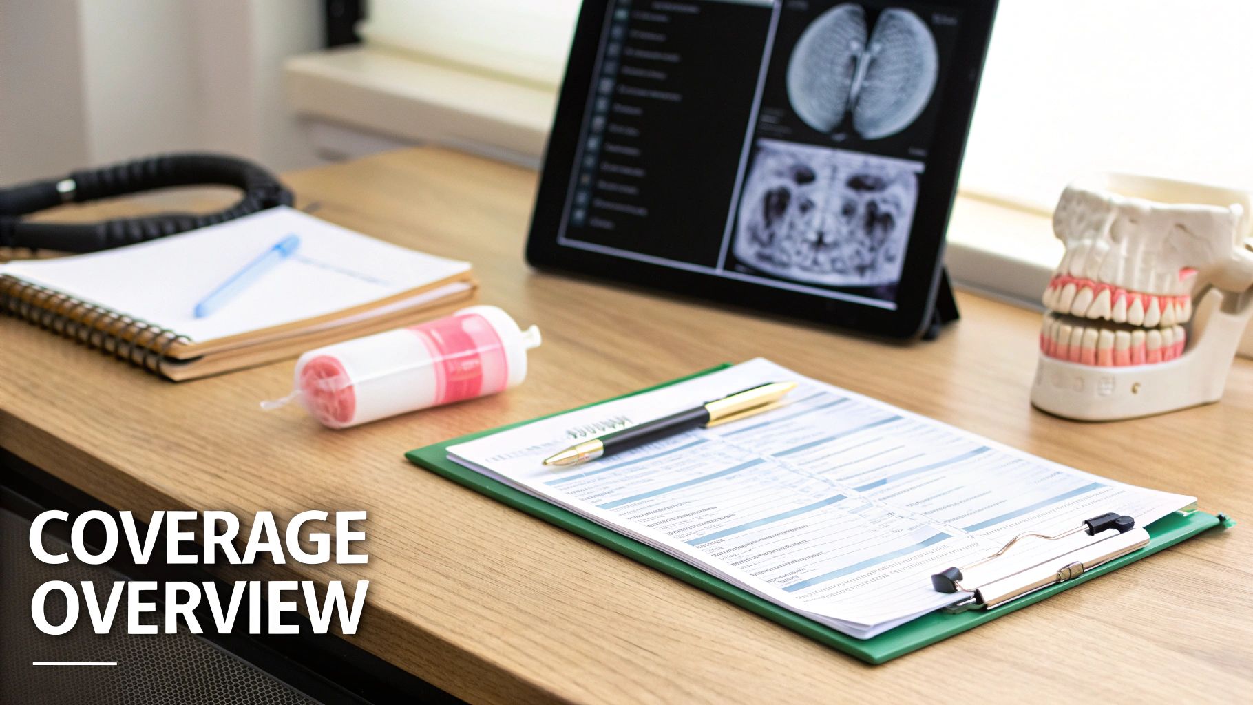 A desk with dental X-rays on a tablet, a jaw model, medical forms, and a pen.