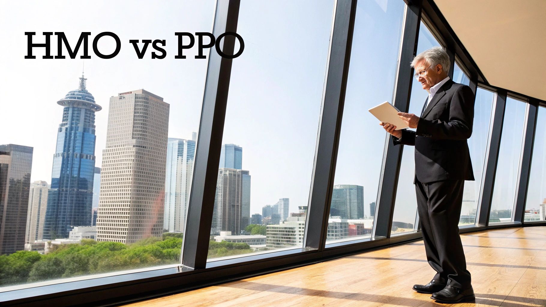 Professional man in a suit reviewing health insurance options (HMO vs PPO) with city view.