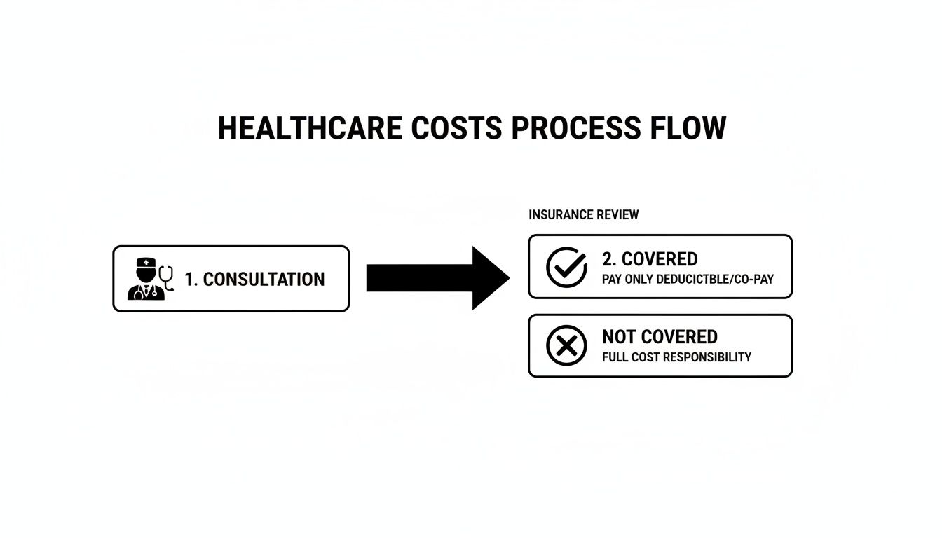 A flowchart detailing healthcare costs, starting with a consultation, leading to an insurance review for covered or not covered outcomes.