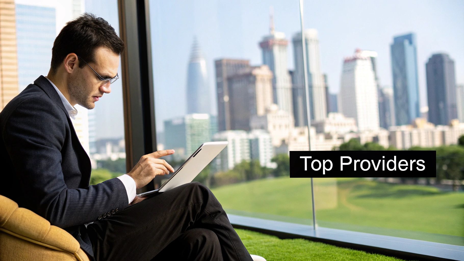 A globally-minded individual working on a laptop in a modern, well-lit office with a world map in the background.