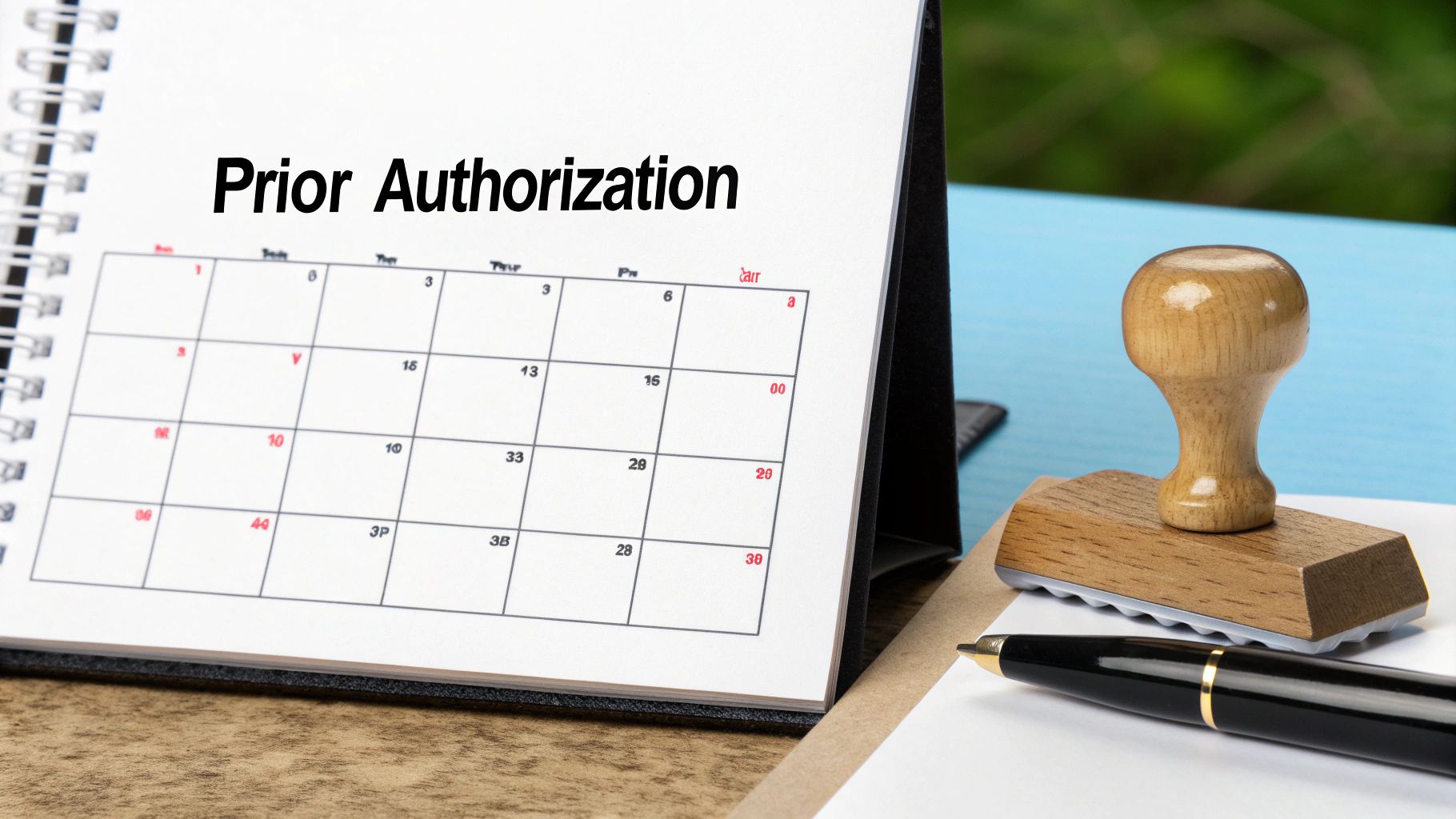 Prior authorization calendar with rubber stamp and pen for medical insurance approval process