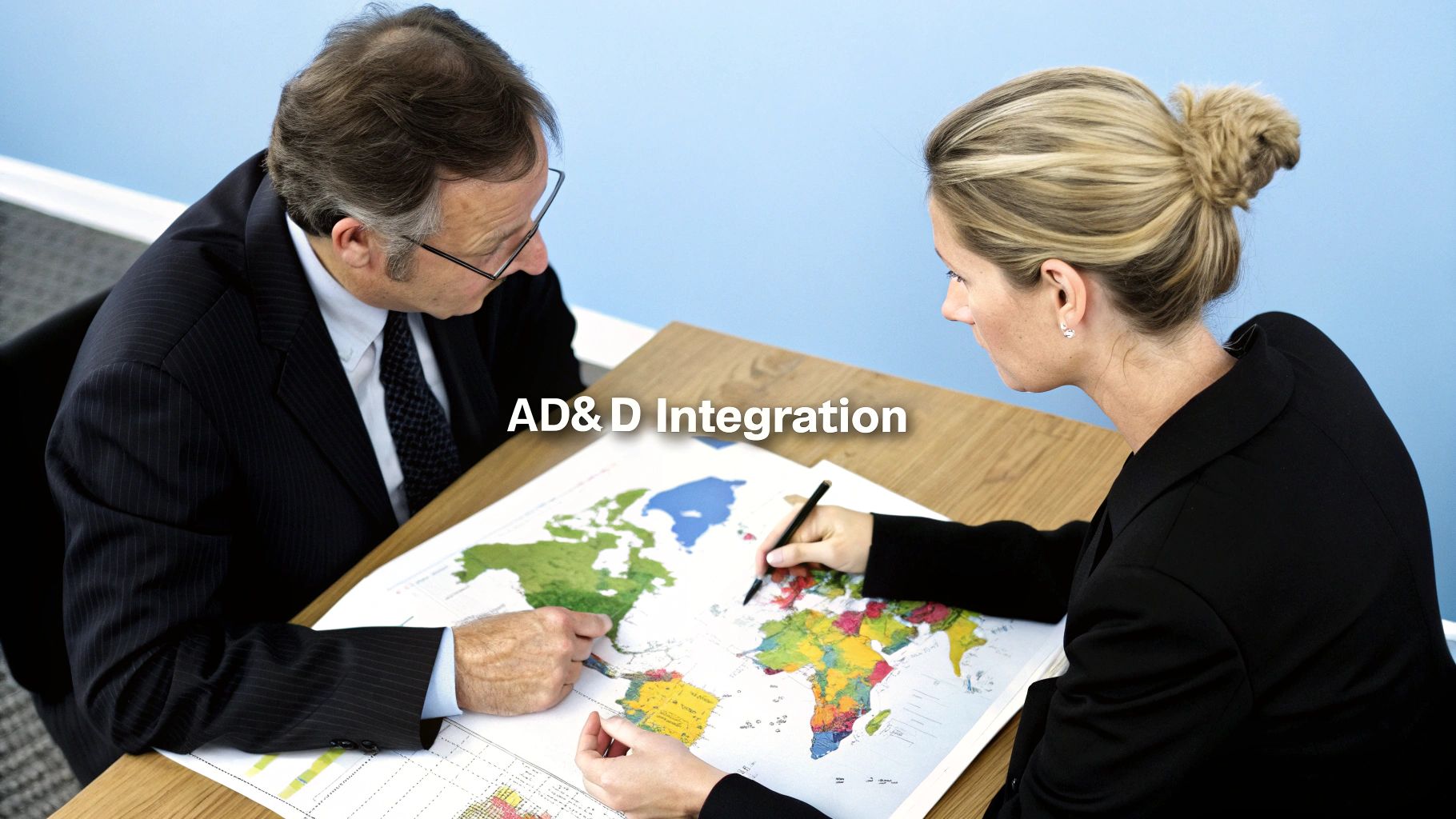 Two business professionals review a colorful world map on a table, discussing global strategy and AD&D integration.