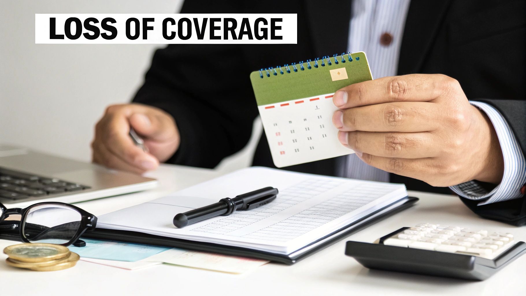 A person reviews a calendar, documents, and calculator on a desk, with 'LOSS OF COVERAGE' text.