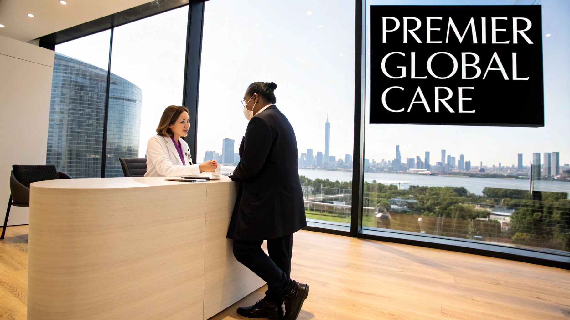 A doctor consults a masked patient at a modern clinic reception desk with a city skyline view.