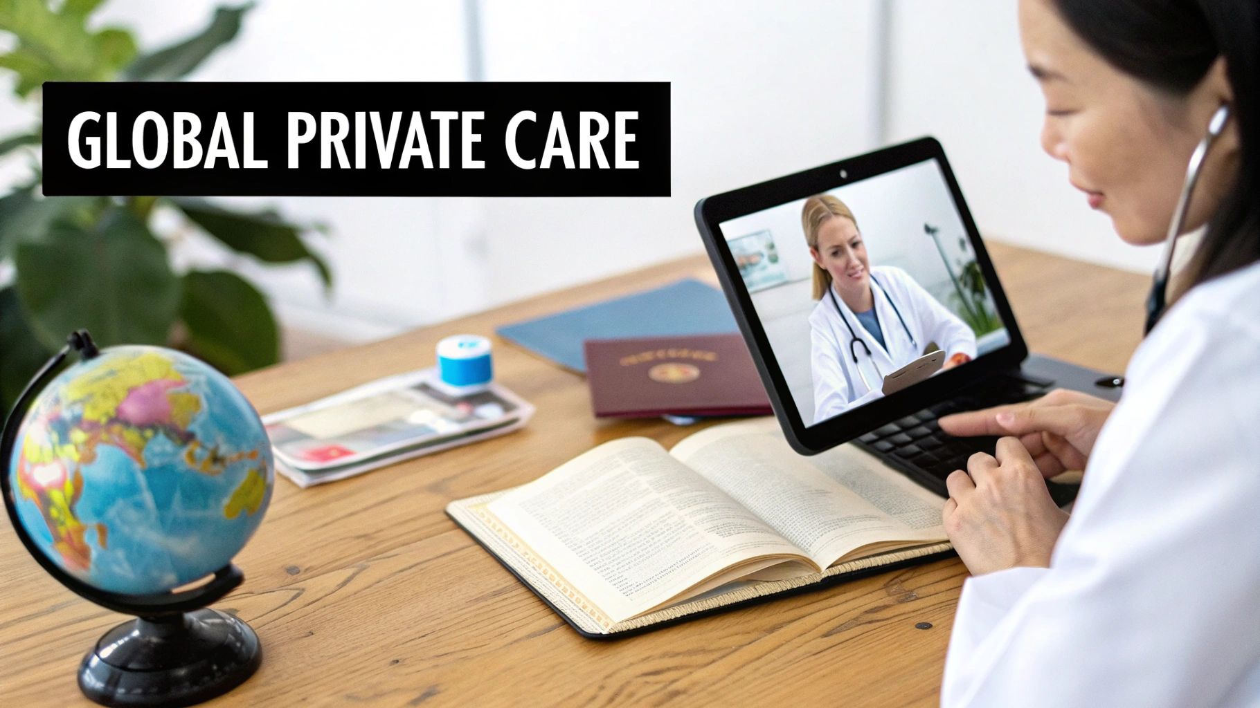 A doctor in a white coat consults virtually with another doctor on a laptop, with a globe and book on the desk.
