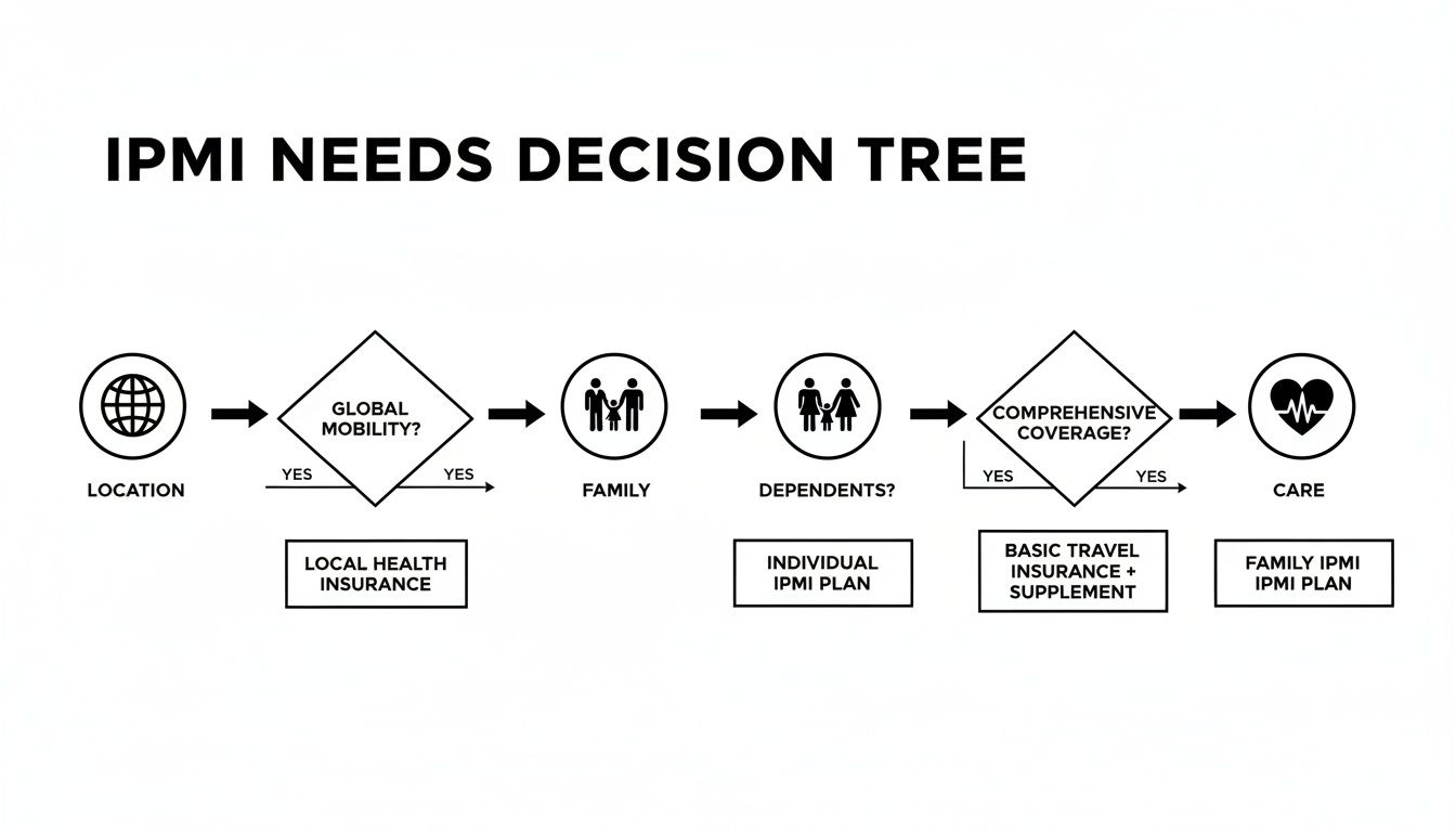 Decision tree for International Private Medical Insurance (IPMI) needs, evaluating global mobility, family, and coverage.