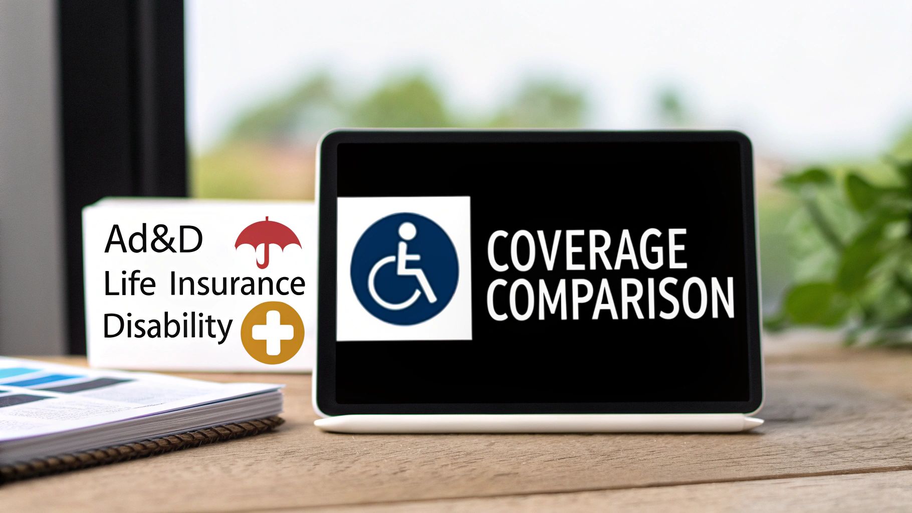 A tablet shows 'COVERAGE COMPARISON' beside a box listing 'Ad&D Life Insurance Disability' and symbols.