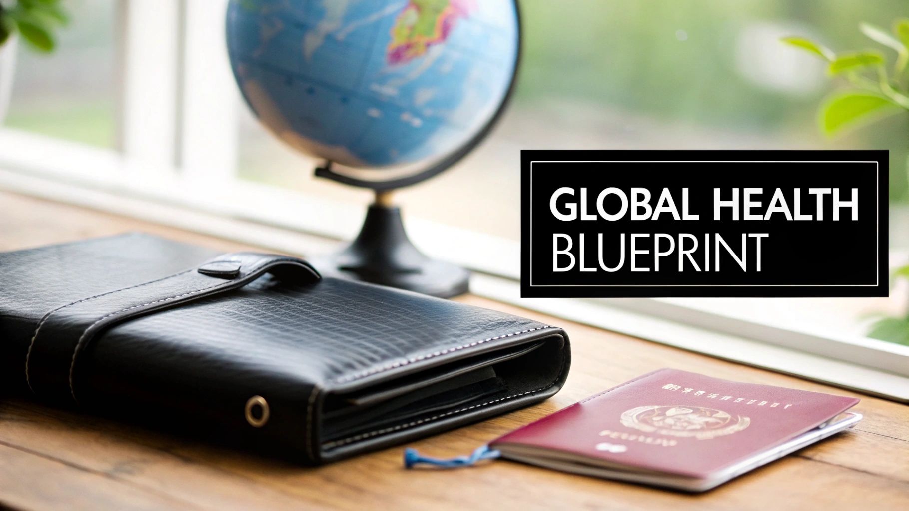 A black planner, a globe, and a passport on a wooden desk near a window.
