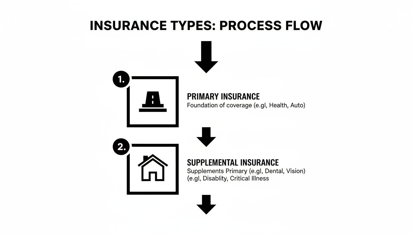 A process flow chart outlining primary and supplemental insurance types with examples.