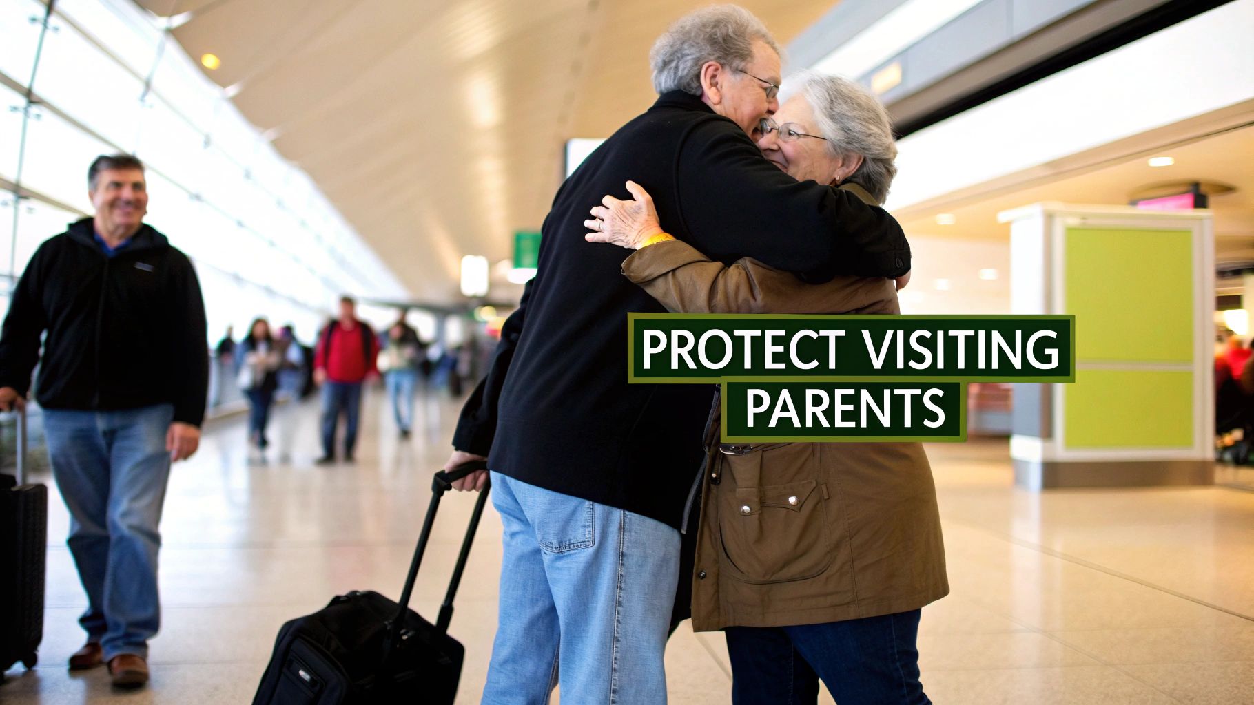 An elderly couple hugs warmly at an airport, likely after a flight, with their travel bags.