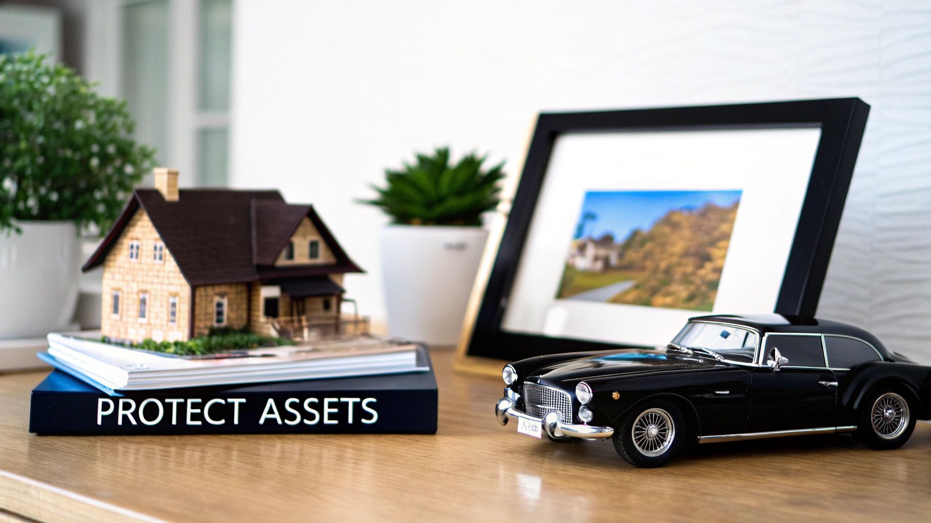 A classic car parked in front of a modern luxury home, illustrating property and casualty insurance