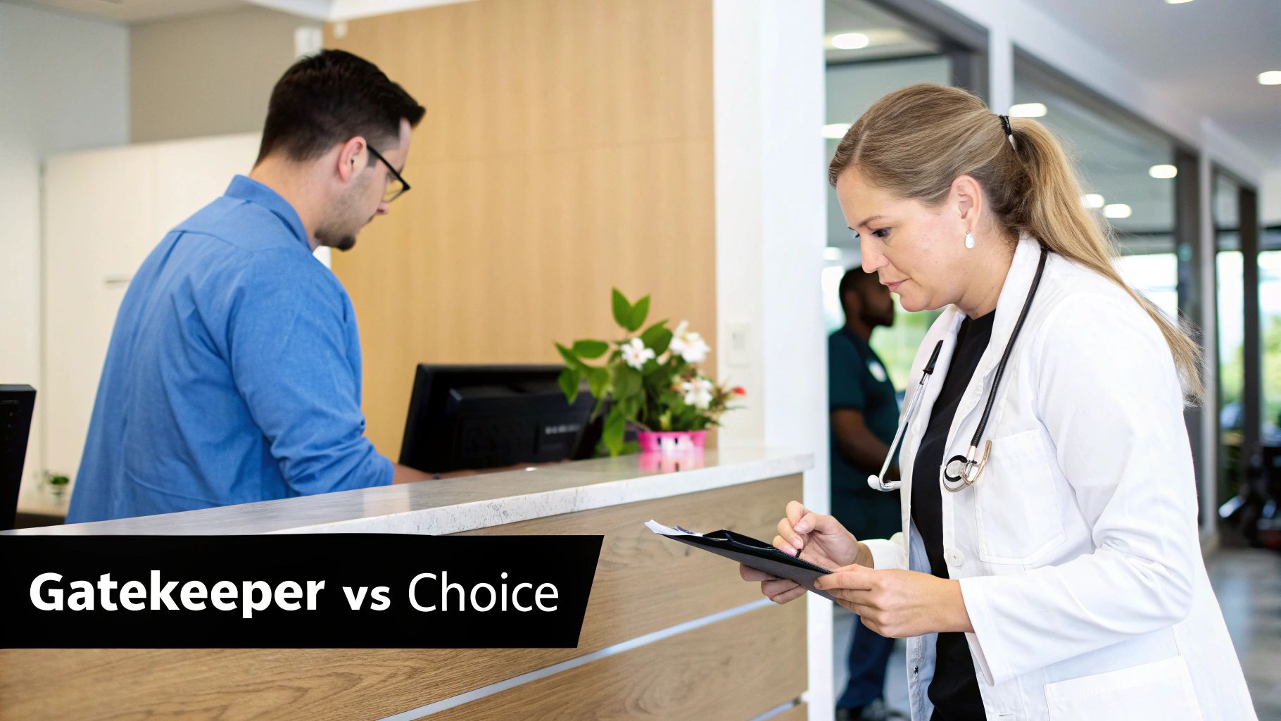 A doctor in a white coat examines a tablet at a clinic reception while a man works at the counter.