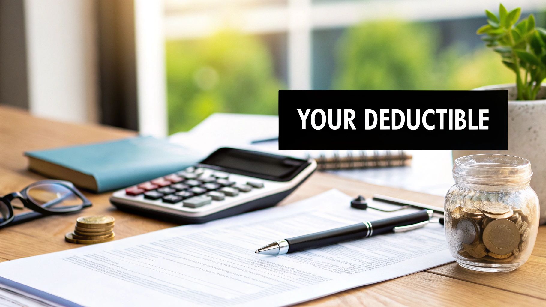 A desk with a calculator, documents, coins, and a jar of money, with text 'YOUR DEDUCTIBLE'.