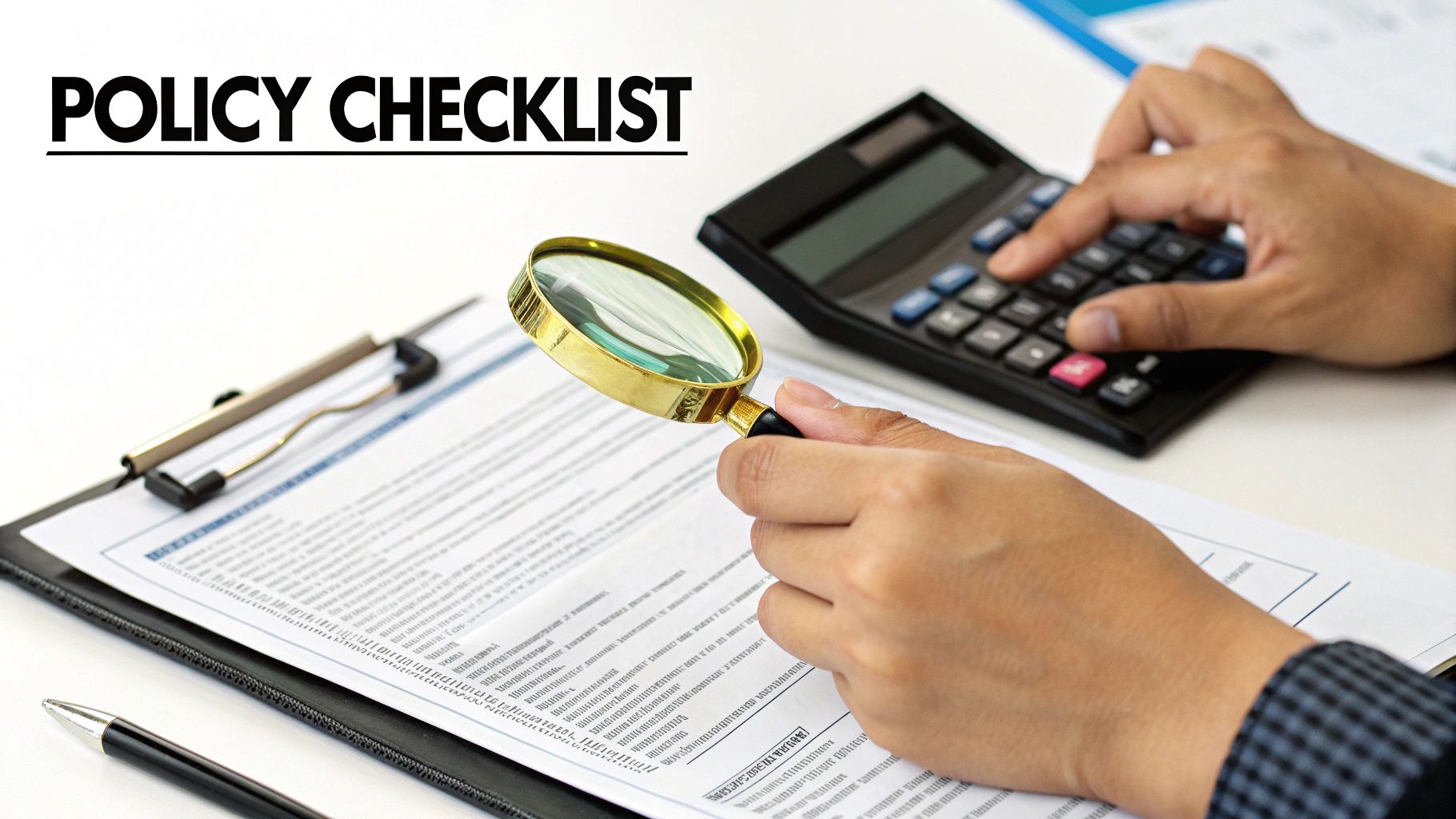 A person's hands reviewing a policy checklist with a calculator and magnifying glass.
