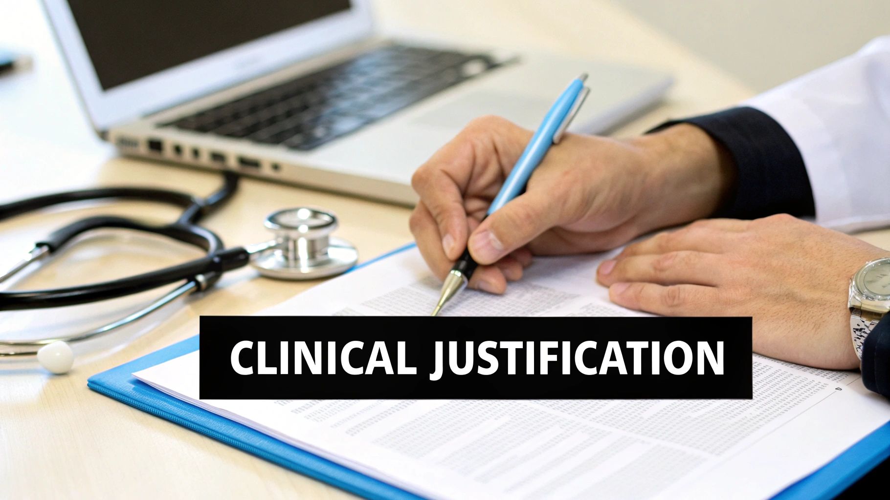 Doctor writing a clinical justification document on a desk with a stethoscope and laptop.