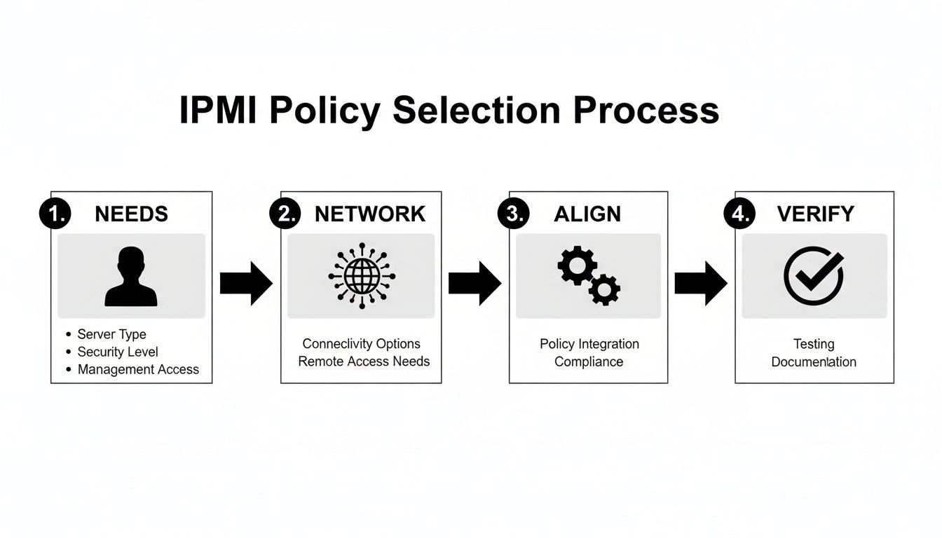 A four-step diagram outlining the IPMI policy selection process, detailing Needs, Network, Align, and Verify stages.