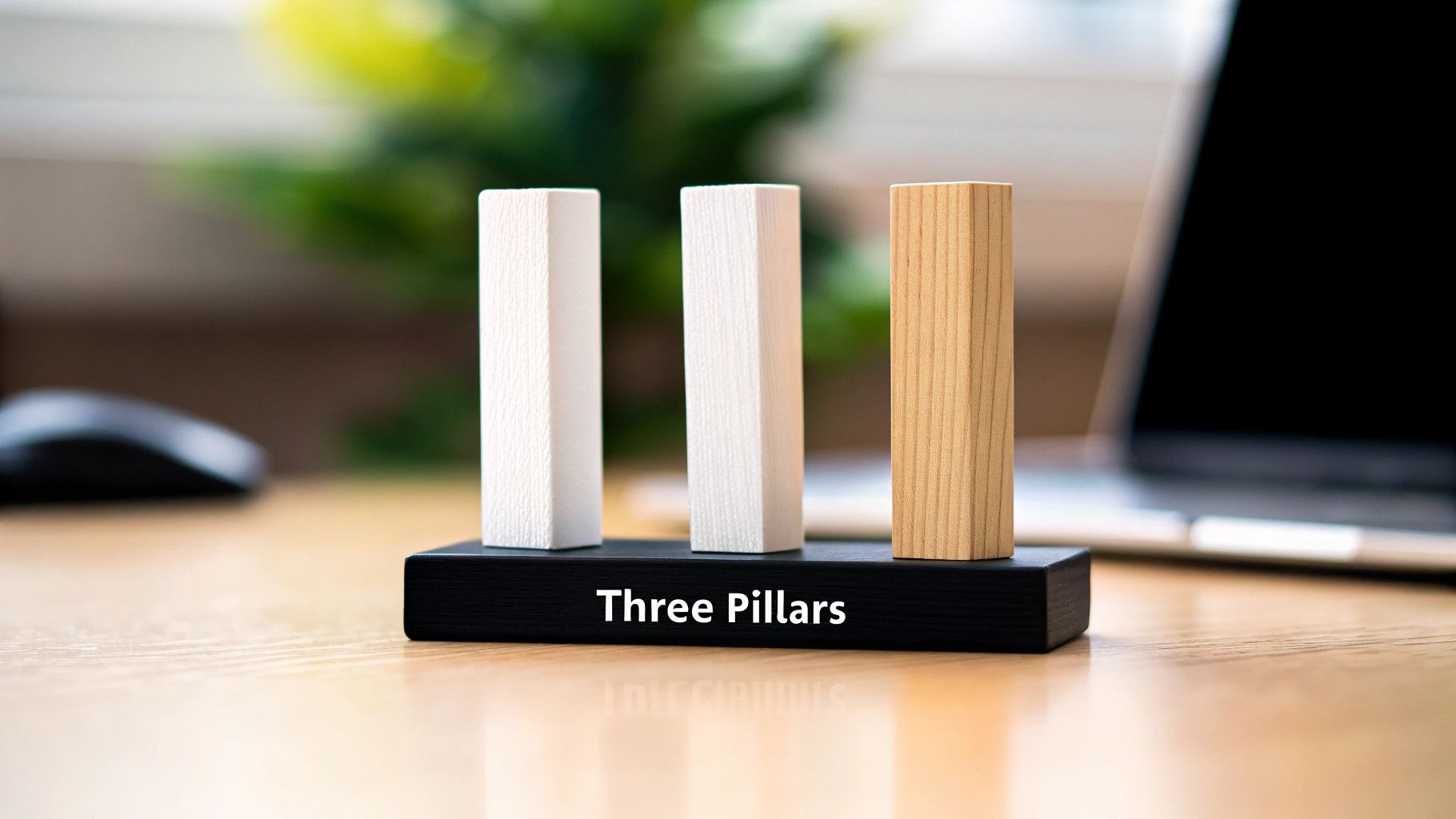 Three foundational pillars, two white and one wooden, representing core concepts on an office desk.