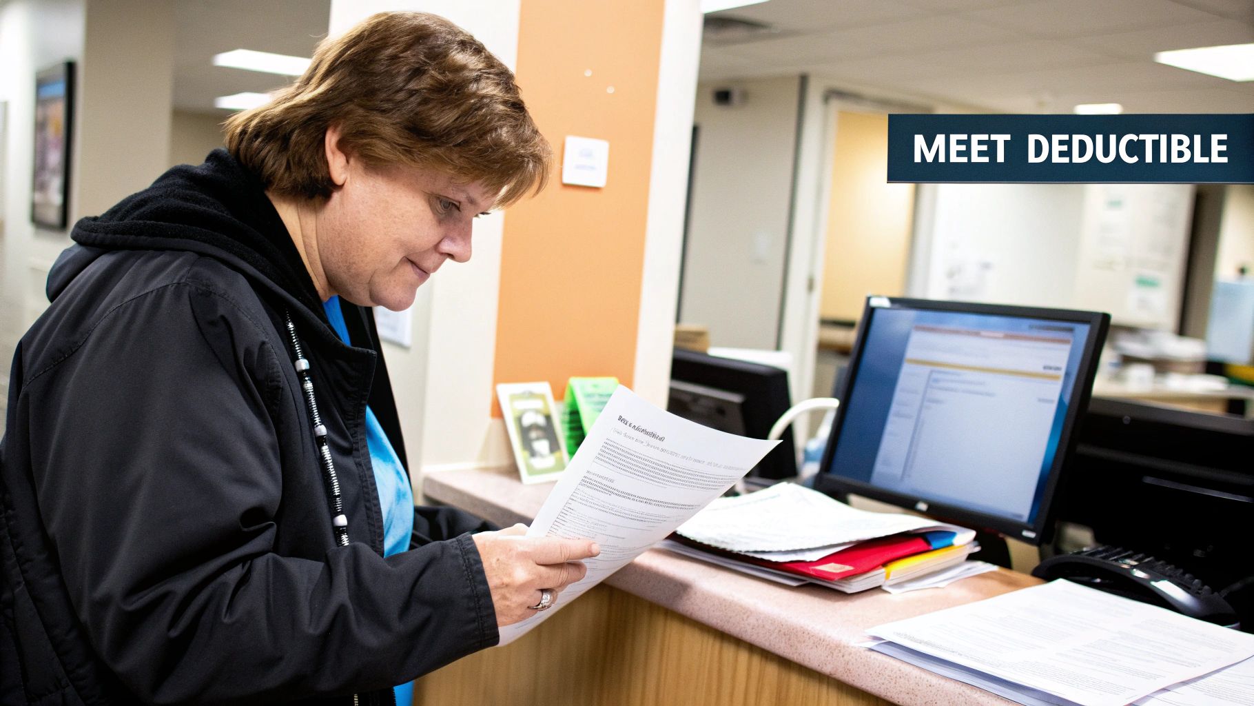 A professional reviewing health insurance documents at a desk