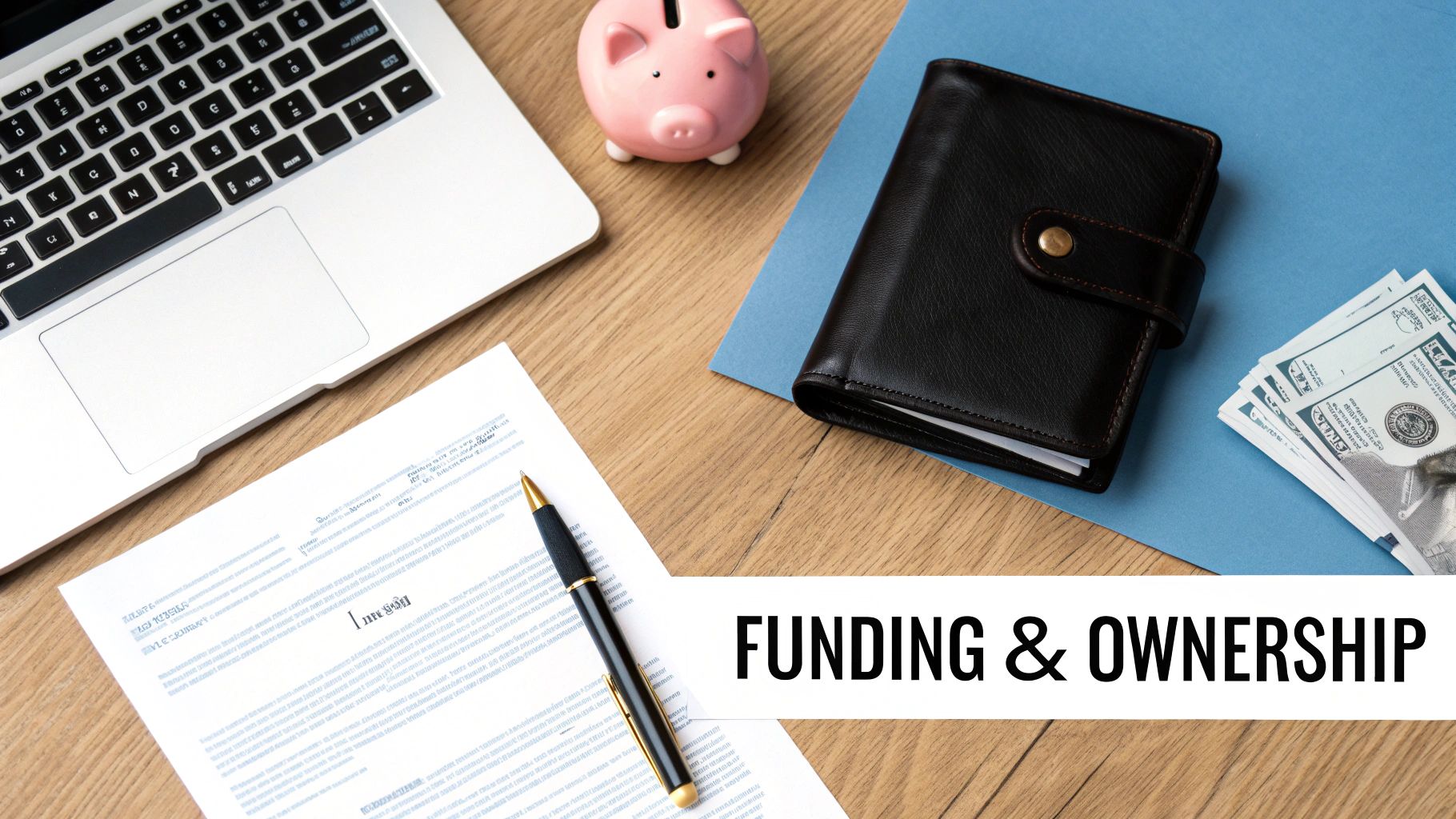 Flat lay of a desk with a laptop, piggy bank, wallet, money, document, and pen, with 'FUNDING & OWNERSHIP' text.