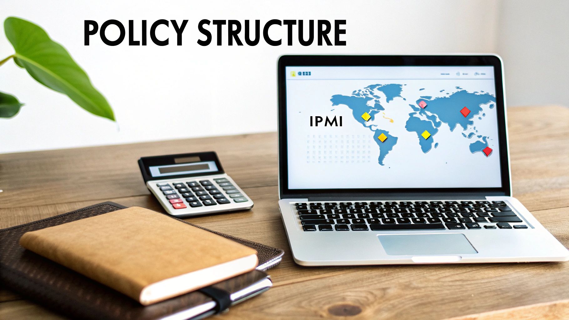 A laptop on a wooden desk displays a world map with 'IPMI' and location markers, representing policy structure.
