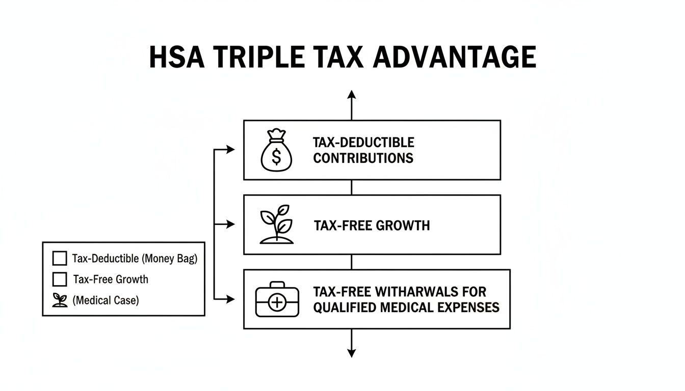 Flowchart illustrating the three tax advantages of an HSA: deductible contributions, tax-free growth, and withdrawals for medical expenses.