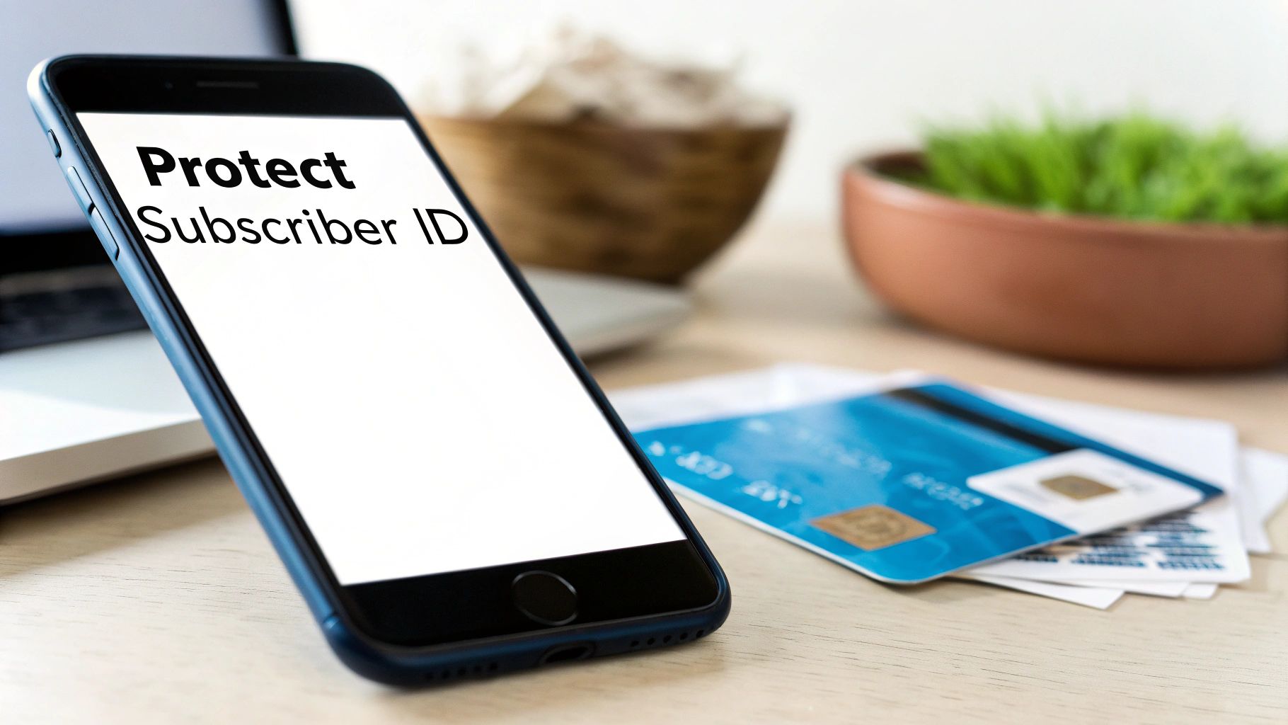 A smartphone screen displays 'Protect Subscriber ID' alongside a credit card, symbolizing data security.
