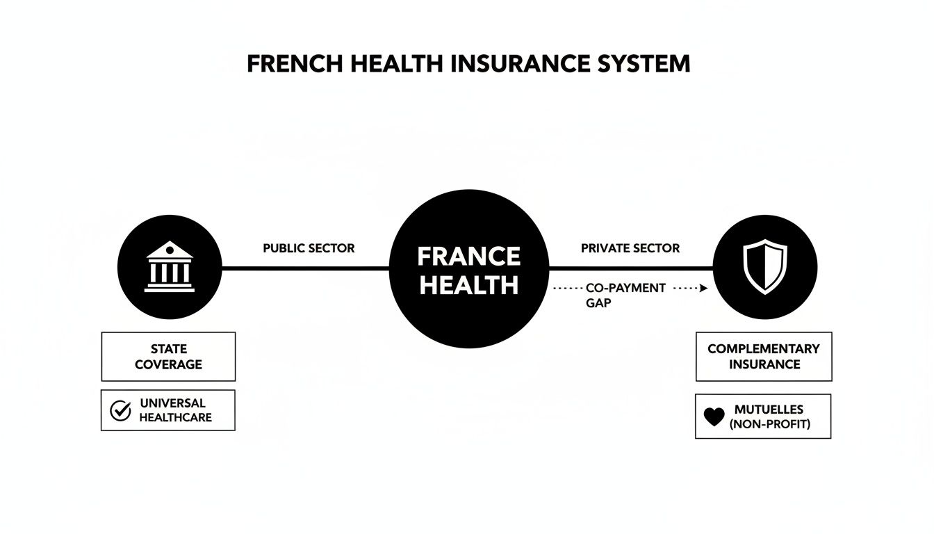 Diagram illustrating the French health insurance system, detailing public state coverage and private complementary insurance.