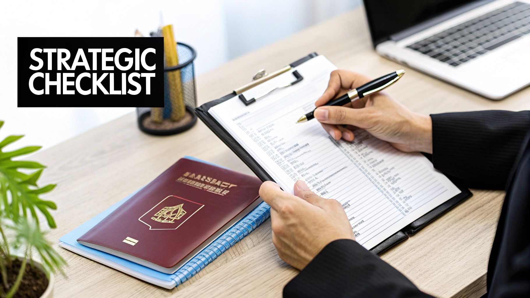 A person in a suit writes on a clipboard with 'STRATEGIC CHECKLIST' text, next to a passport.