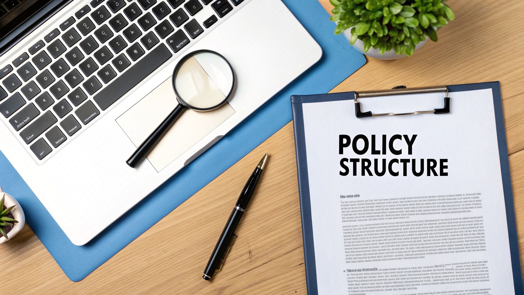 Flat lay of a desk with a laptop, magnifying glass, pen, and a 'POLICY STRUCTURE' document.