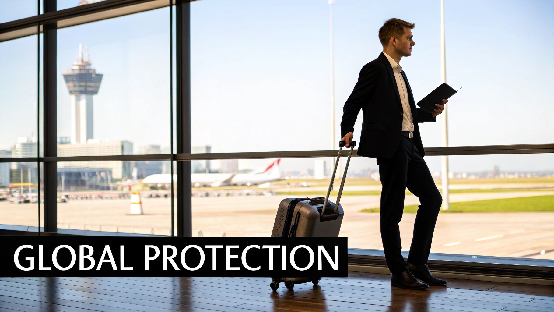 Businessman standing by airport window with suitcase, holding a document, looking at airplanes.