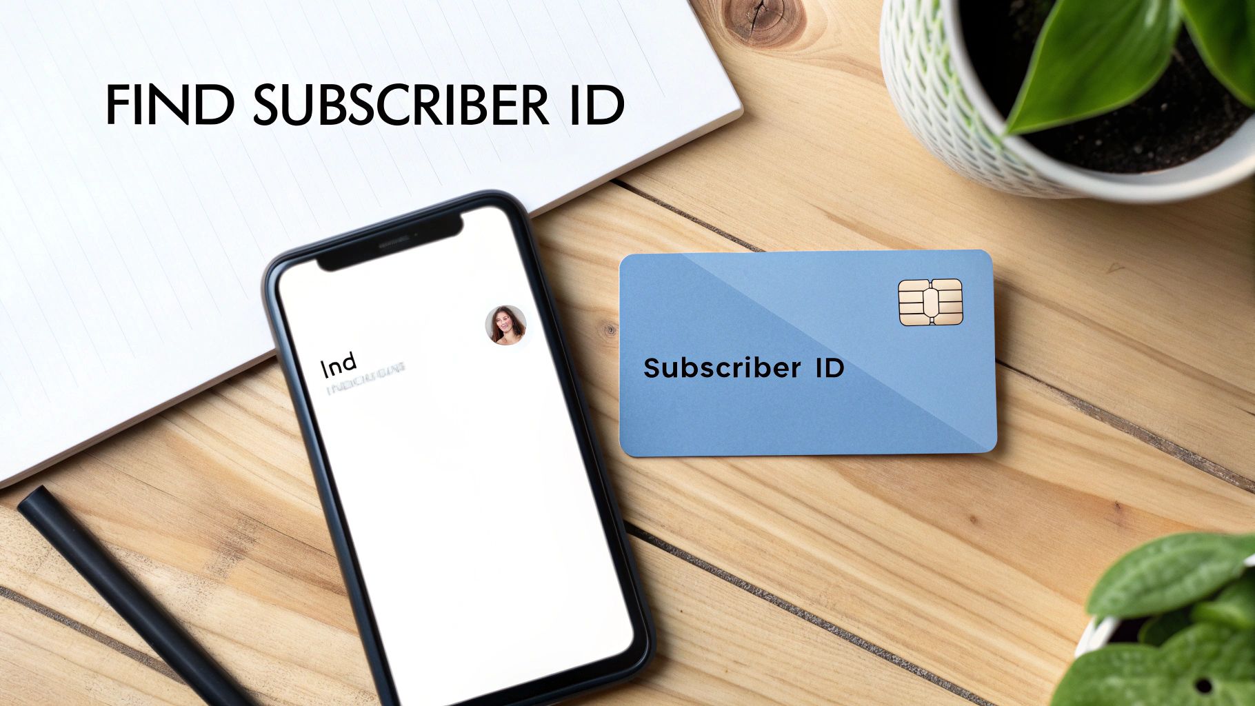 Desk setup with a smartphone, blue subscriber ID card, notebook, and potted plants.
