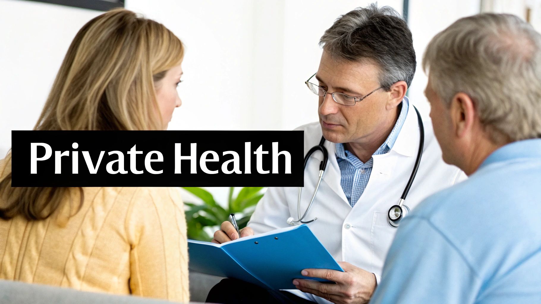 A male doctor in a white coat consults with a woman and an older man about private health.
