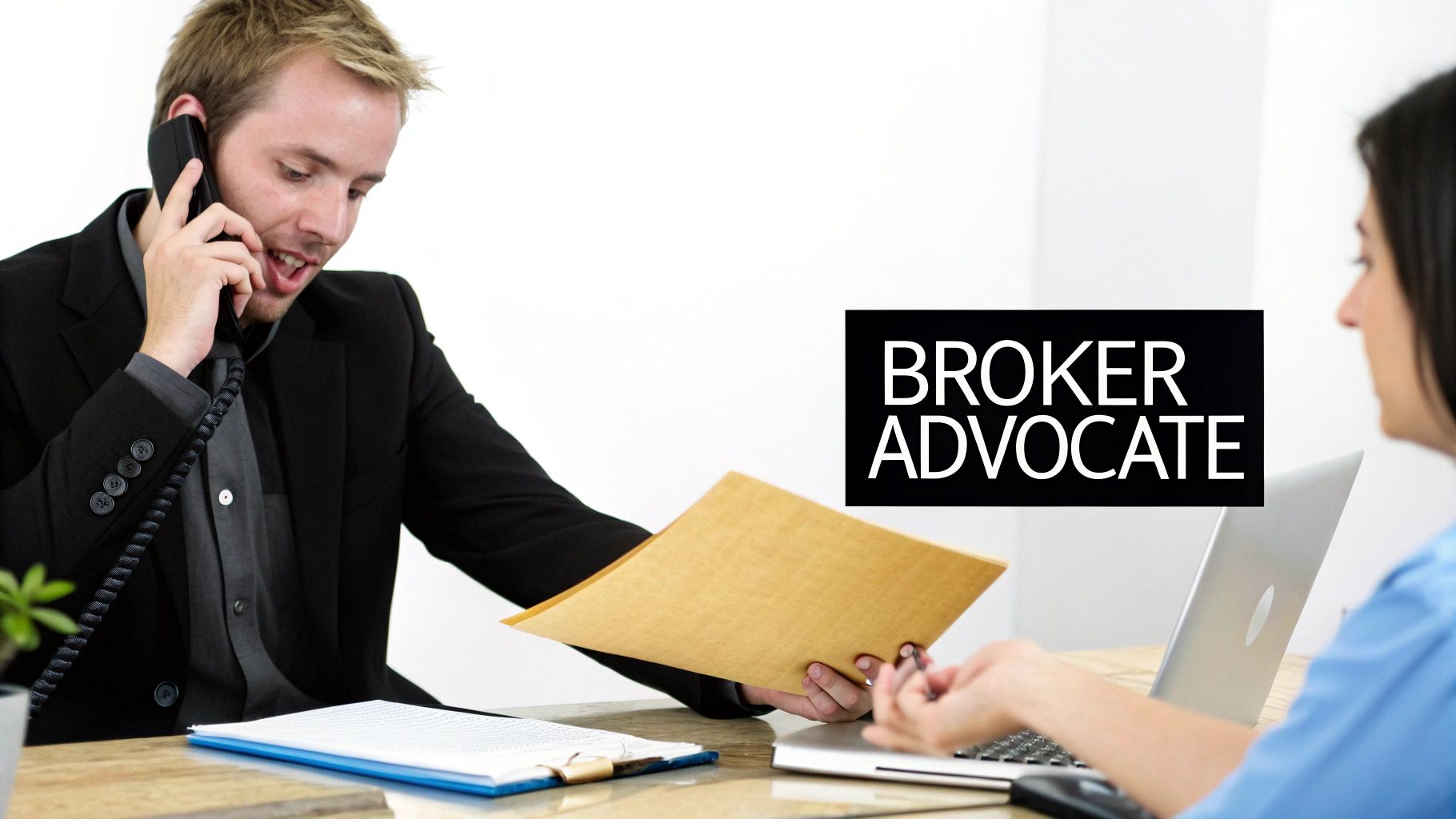 Insurance broker advocate on phone reviewing documents with client at office desk