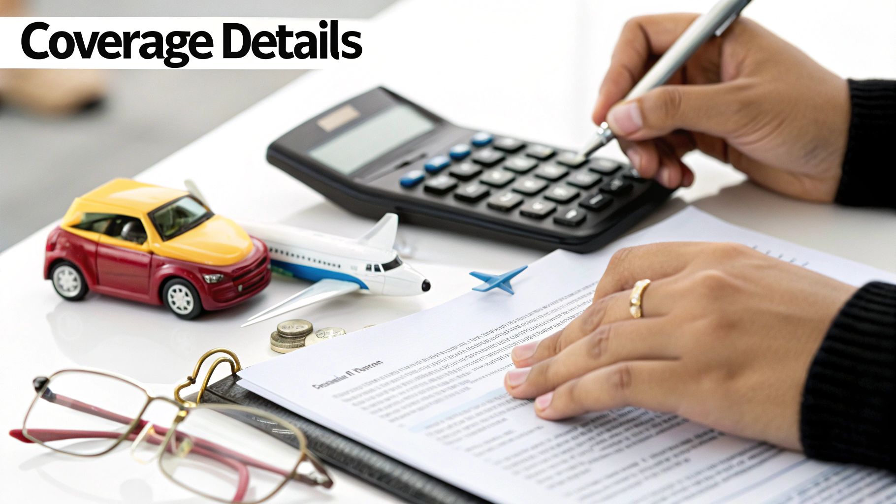 Person calculating insurance coverage details with a calculator, documents, car, and airplane models.