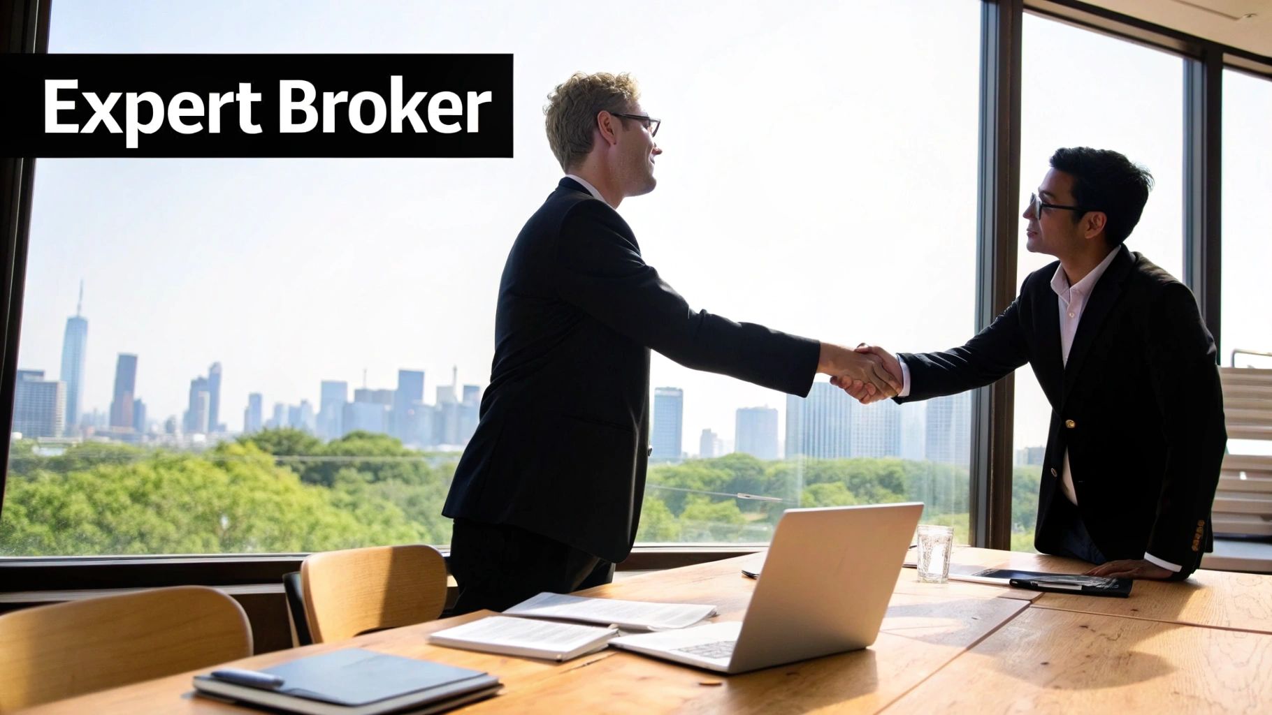 Two businessmen in suits shaking hands in an office with a city skyline view, featuring 'Expert Broker' text.