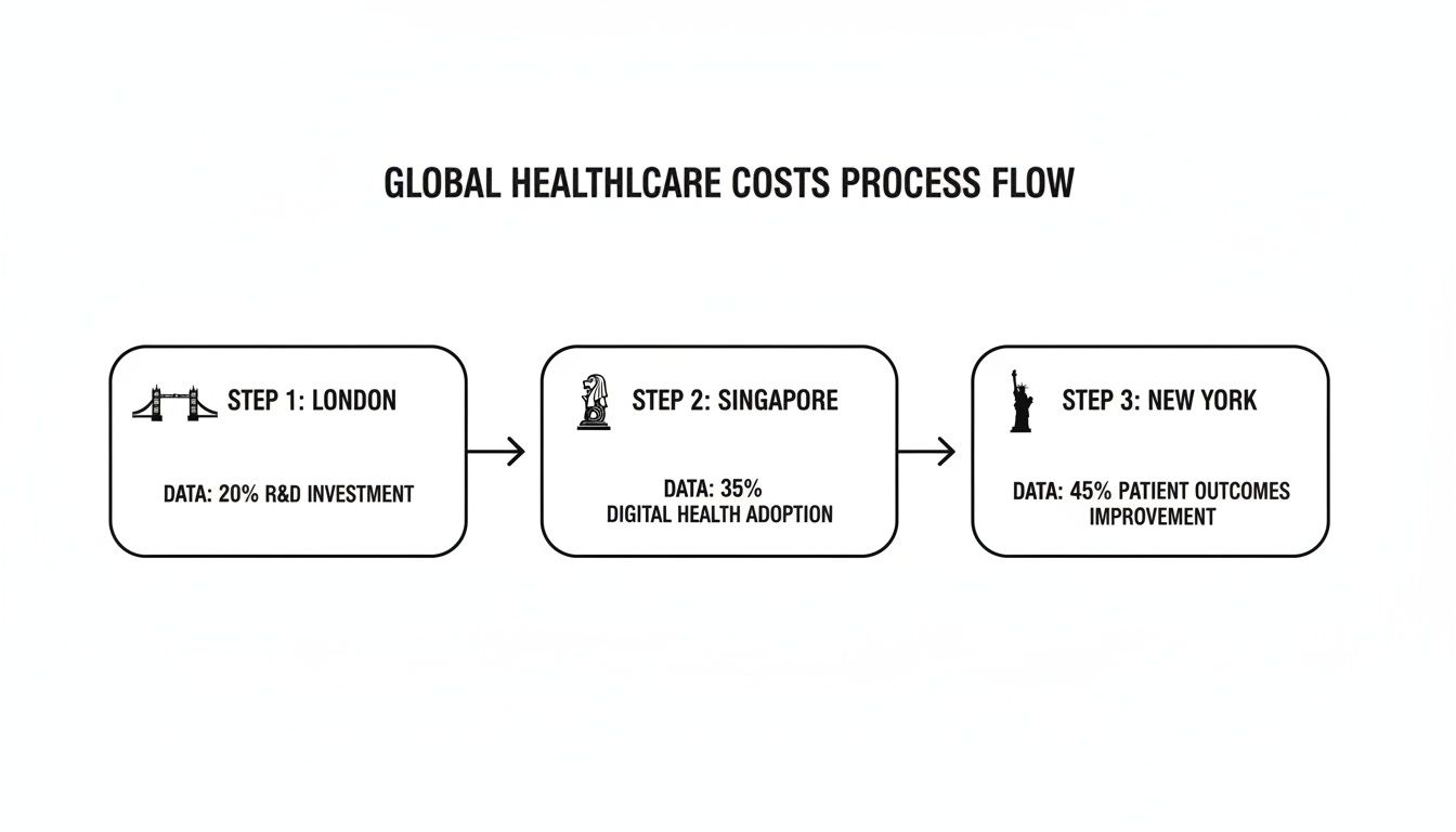 A global healthcare costs process flow diagram showing steps in London, Singapore, and New York.