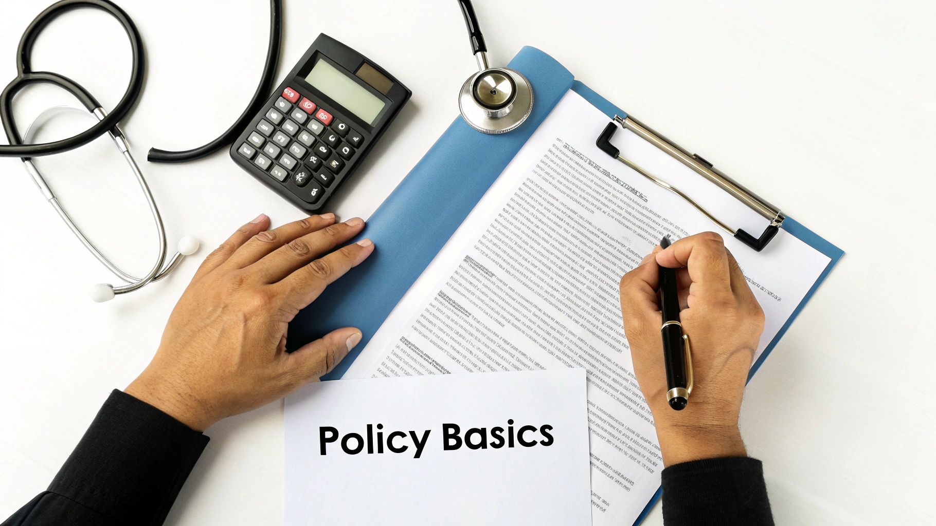 A person reviews medical policy basics with a stethoscope and calculator nearby on a white desk.