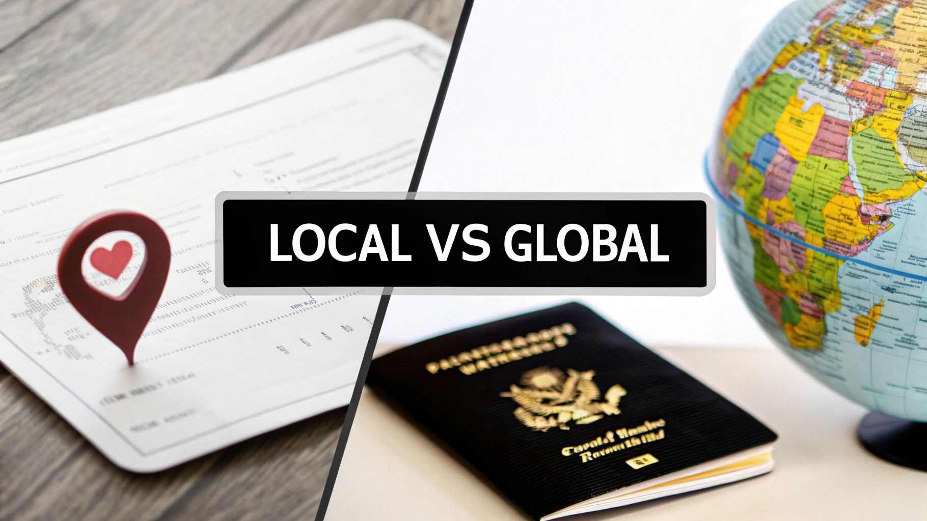 A split image contrasting local concepts with a map pin and global concepts with a passport and globe.