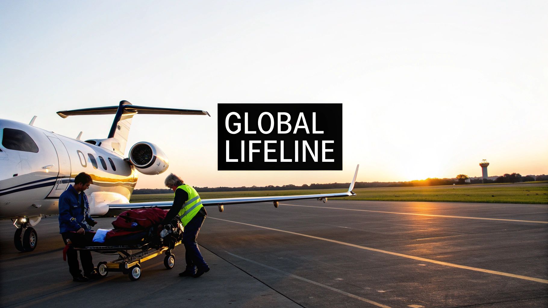 Medical team loads a patient on a stretcher into a private air ambulance jet at sunset.